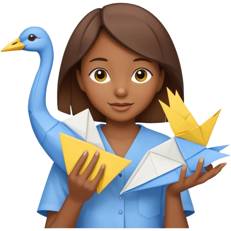 happy-african-young-girl-with-brown-hair-in-a-white-kanga-shirt-holds-an-origami-yellow-and-blue-crane emoji