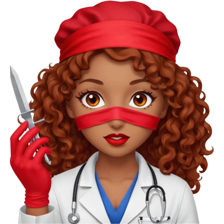 Lilith scalpel in hand, evil surgeon sexy surgeon clothes.  She has red eyes. She brown long curly hair. Wears sexy doctor outfit with red gloves.hair is free and brown  Wears red bandana to hide  her mouth and nose emoji