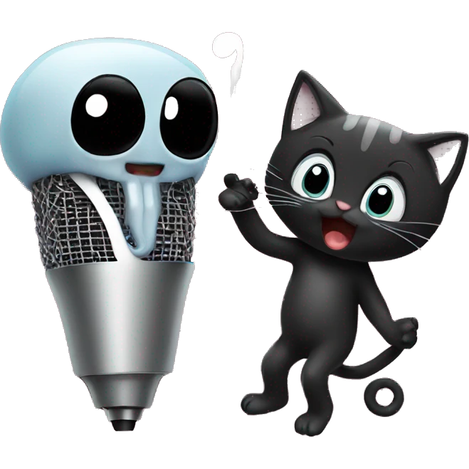 A squid and a black kitten singing karaoke emoji