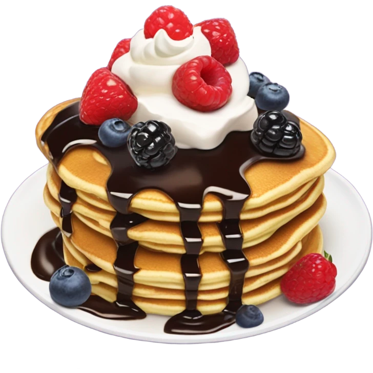 Pancakes with chocolate sauce, berries, and whipped cream ontop emoji