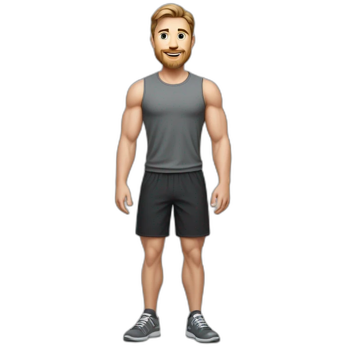 Full height realistic Actively gesturing with hands Pale skinned Fit Man With the biceps and brown hair in dark gray Sleeveless Mike, black oversize sports shorts, watch and white Sneakers emoji