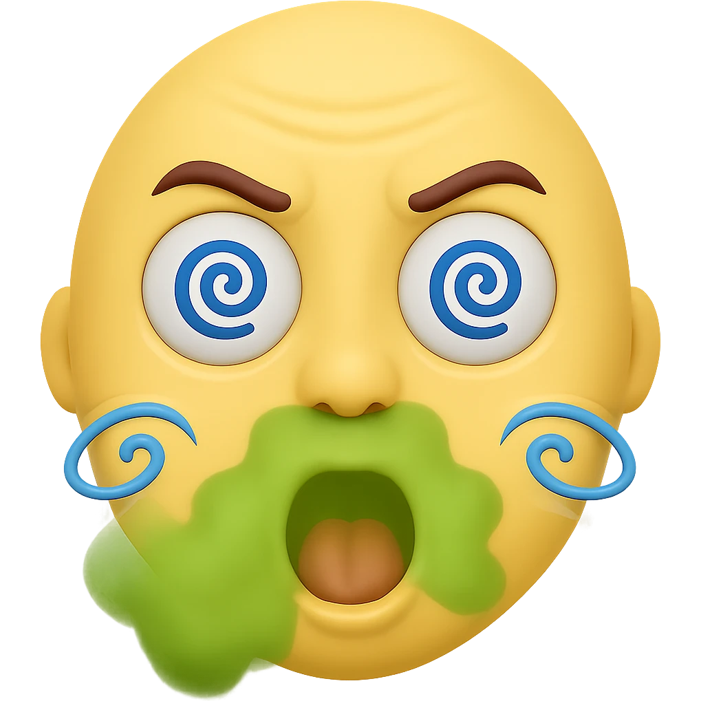 Add a green stink cloud around the mouth of the emoji. Keep the classic emoji style with blue spiral eyes and bad breath. The background should remain transparent. The style is classic emoji style with blue spiral eyes and bad breath. emoji