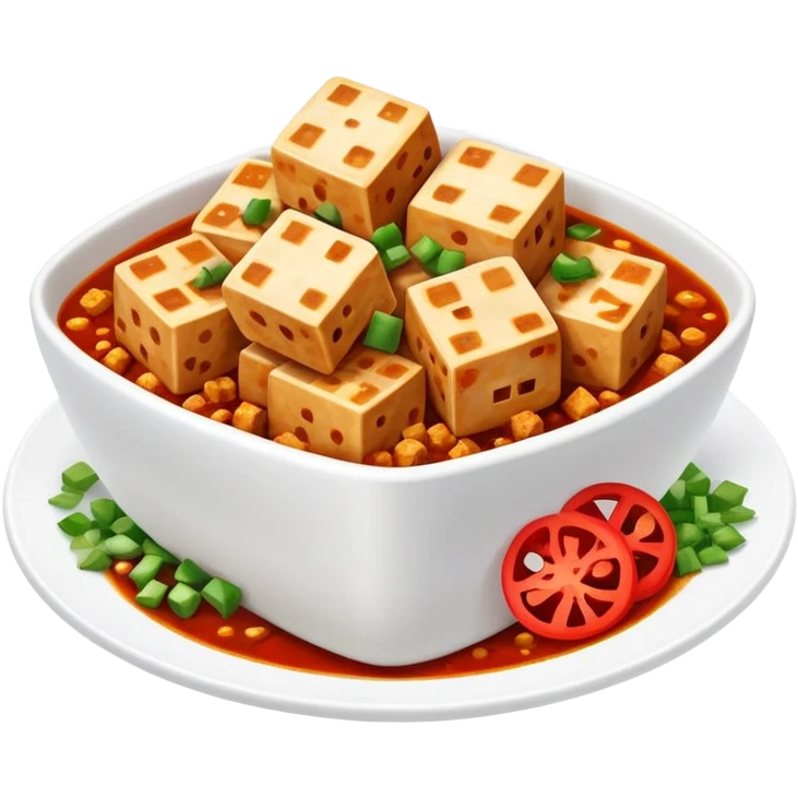 Mapo Tofu spicy red with tofu cubes and minced meat, simplified emoji style with bold outlines and bright colors, cartoon style Sichuan famous dish emoji