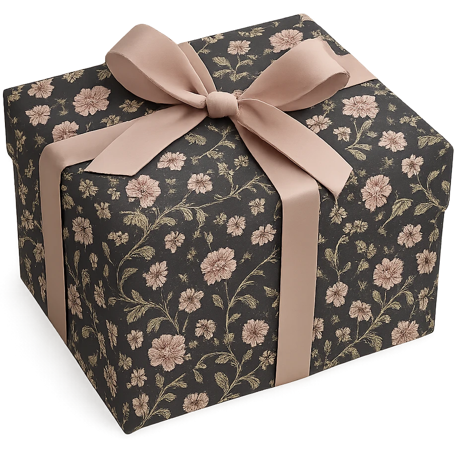 Elegant Rococo pale black pink ditsy floral gift box  , remove background emoji