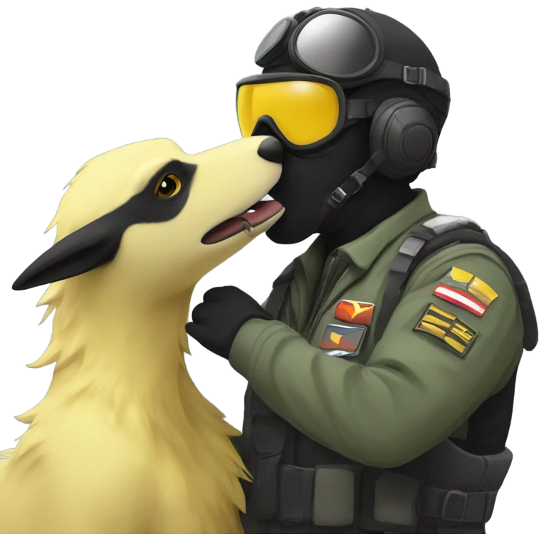 Yellow army Pilot with black mask googles, and then a big sergal kissing him emoji