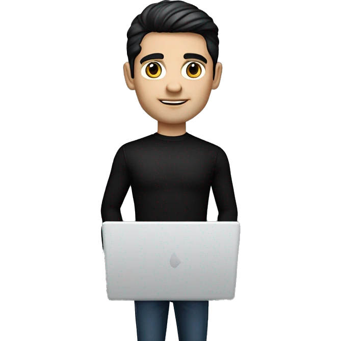 memoji of a confident male realtor with a laptop in front, apple-style, modern ,dark hair,black sweater,computer in hand,white skin, an avatar image gonna be round  emoji