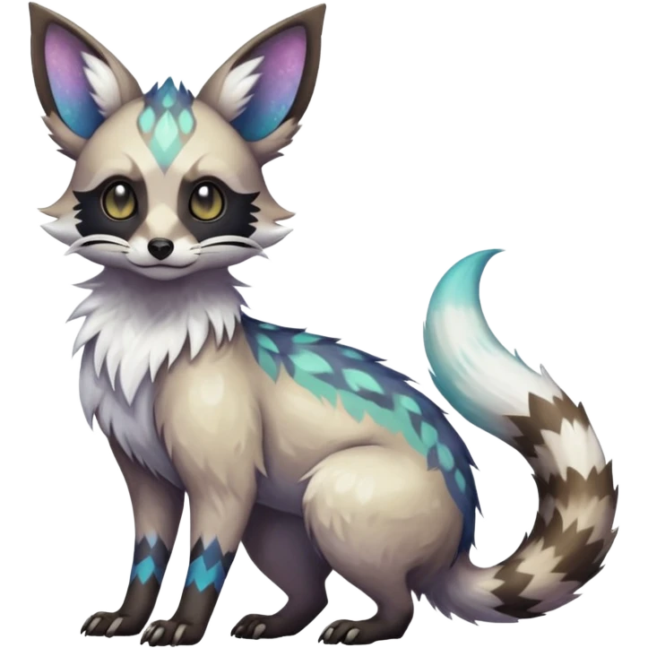 Rare iridescent white exotic epic aesthetic colorful Trico-Eevee-Genet-Civet-species-Fakemon-hybrid-creature, with intricate tattoo markings, full body emoji