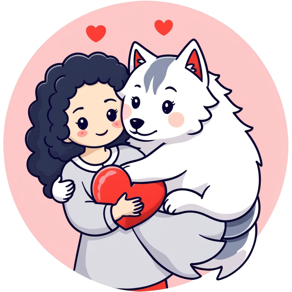 Black curly hair white skin girl hugging one big wolf with hearts above them emoji