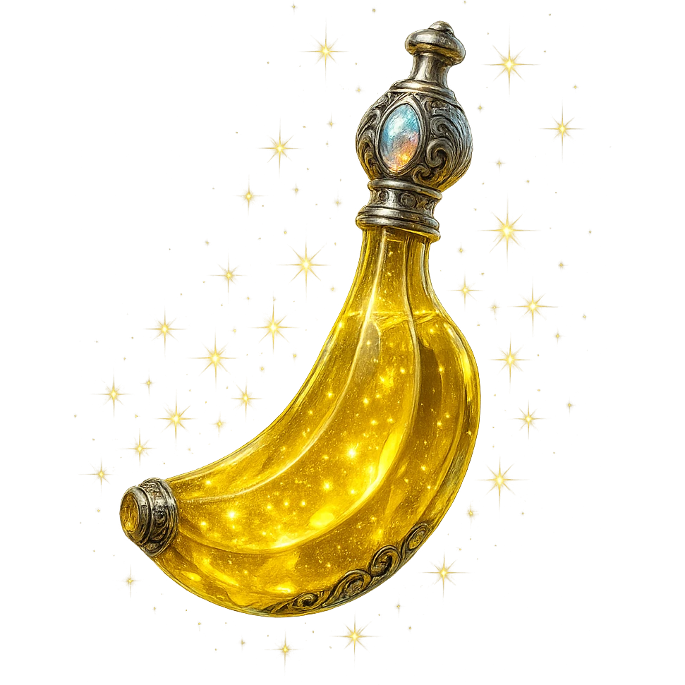luxurious crystal elixir bottle in banana shape, banana yellow color, ornate silver and iridescent details, maximum magical glowing and sparkling effects, very small neck, seamless bottom, transparent background, bottle clearly floating in air, no base or shadow, modern, collection style emoji