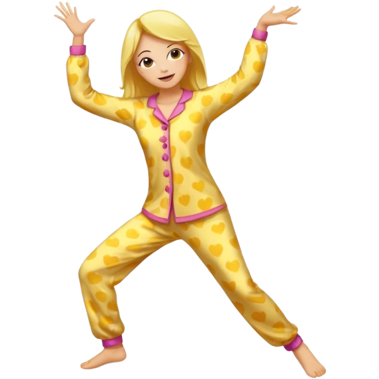 yellow-skinned woman dancing in her pajamas, energetic pose emoji