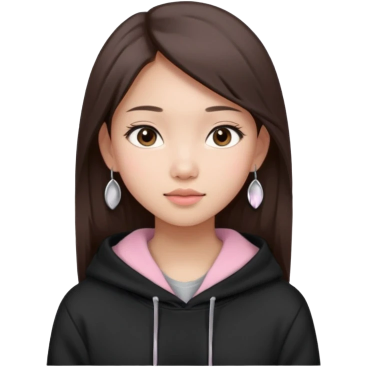 Asian Girl with straight brown hair, natural look, soft pink cheeks, calm expression, silver earrings, black hoodie.  emoji