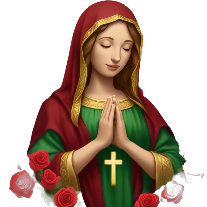 Virgin Mary: kind face looking down at the left, long brown hair, Wearing an emerald green  robe with gold stars and a burgundy red dress,  Hands in prayer or blessing. Halo around her head. standing in front of a big sun. colorful roses on the sides  emoji