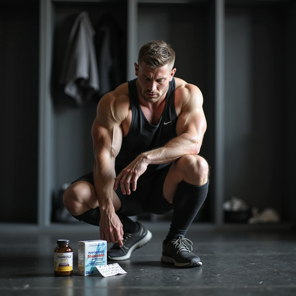 European powerlifter sitting with hands on knees, suffering look, sportswear, bottle of Stanozololo and painkillers package nearby, discomfort atmosphere, realistic details, locker room background emoji
