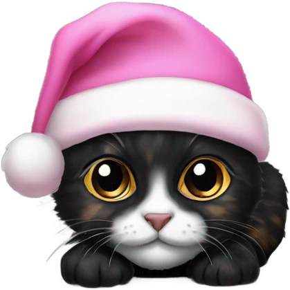 Black tortoiseshell kitten with pink Santa hat emoji