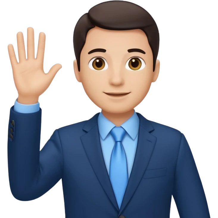 Make emoji of me in a dark blue business suit and light blue shirt waiving to new clients emoji