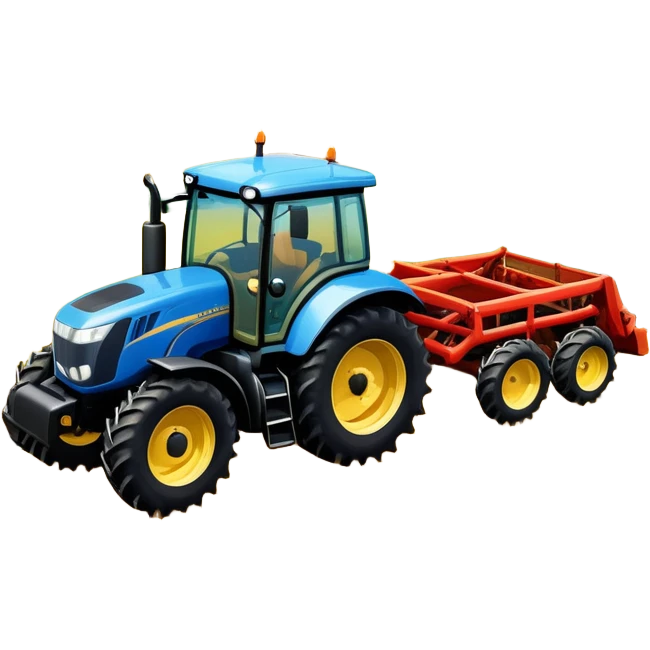 An icon representing a farming simulator, with a detailed tractor plowing fields under a bright sky with rural landscape. The design includes farming tools, crops and barns, symbolizing the immersive experience of managing a farm. Transparent background. emoji