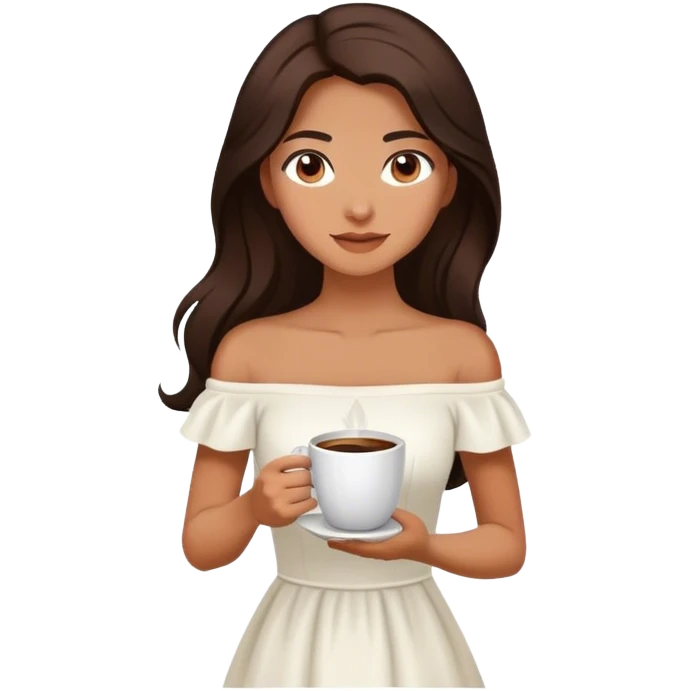 Beautiful woman in 1950’s woman fashion look, off-shoulder white dress, long dark brown hair, coffee emoji