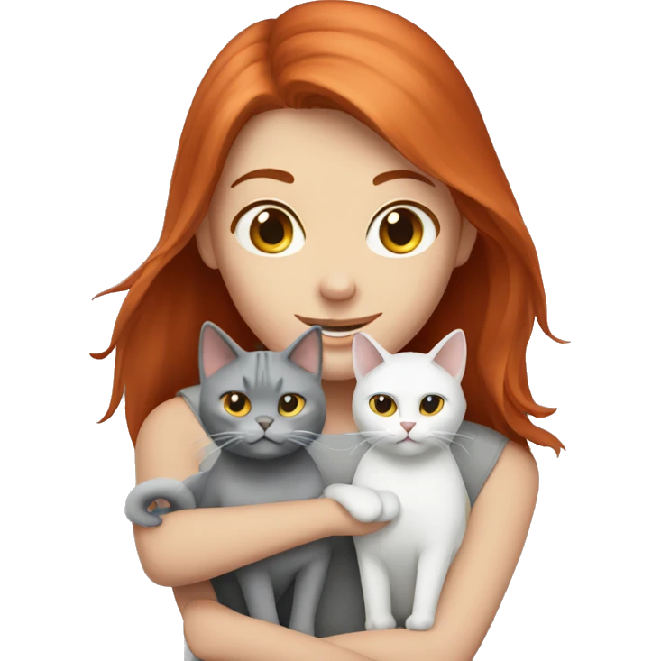 Red haired girl holding 1 grey cat and 1 grey and white cat emoji