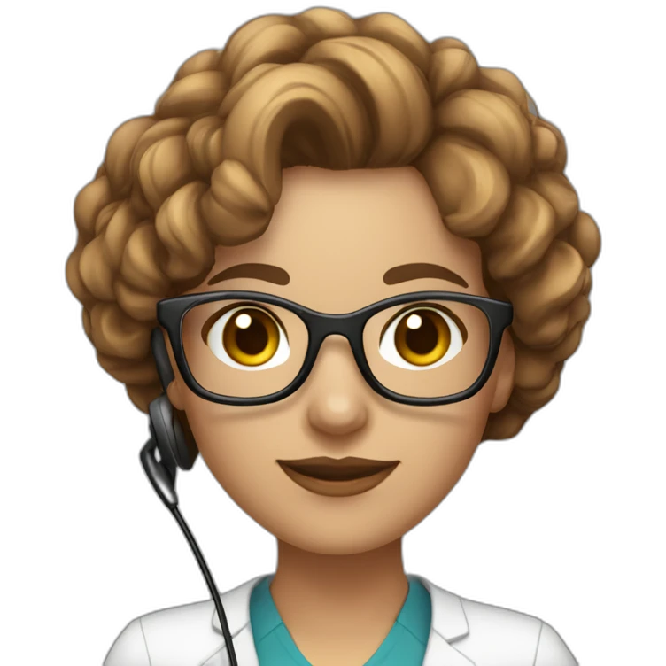 Support analyst woman white, brown curled hair, brown eyes, Brazilian, white glasses, with a computer and a headset emoji