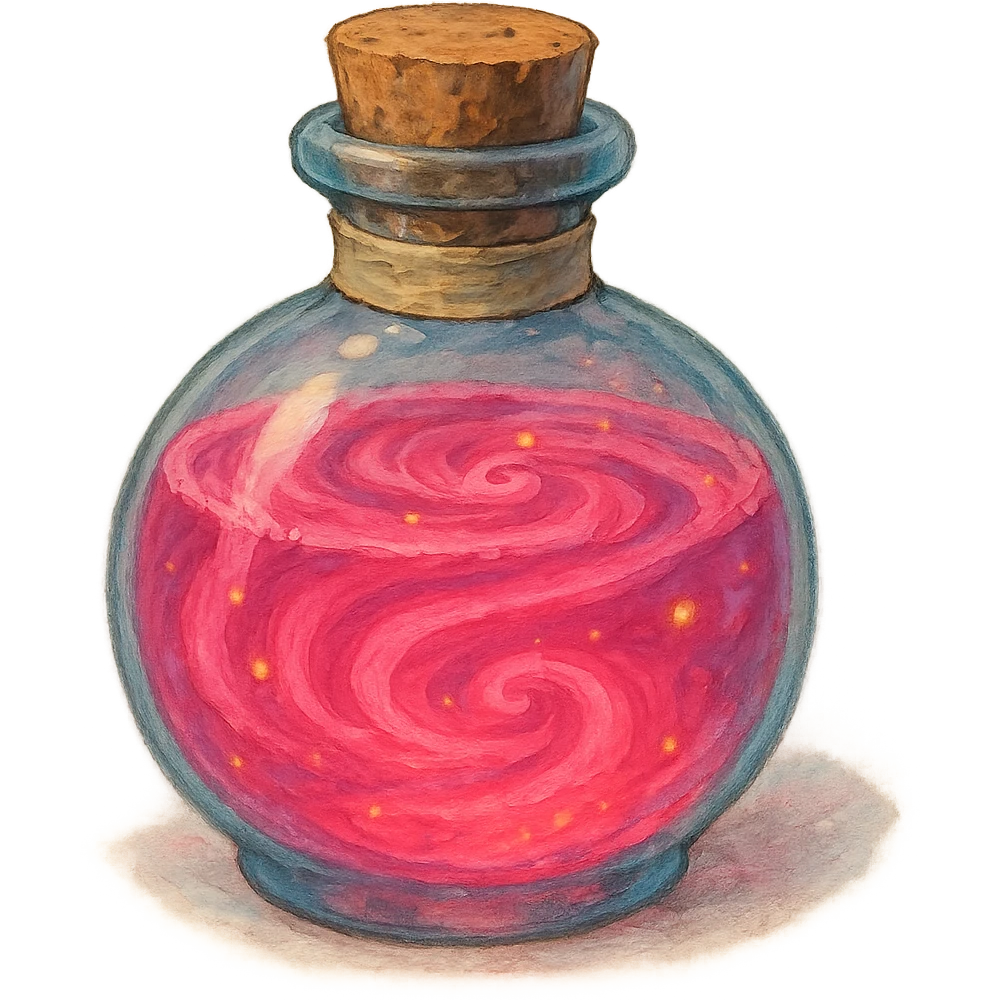 potion bottle with swirling pink liquid, soft painterly look, magical and vibrant, no background emoji