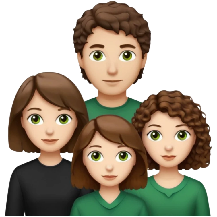 Man in the middle with brown straight hair and green eyes, women next to him with short brown hair with slight waves, tall women on right side with shoulder length curly hair and brown eyes emoji