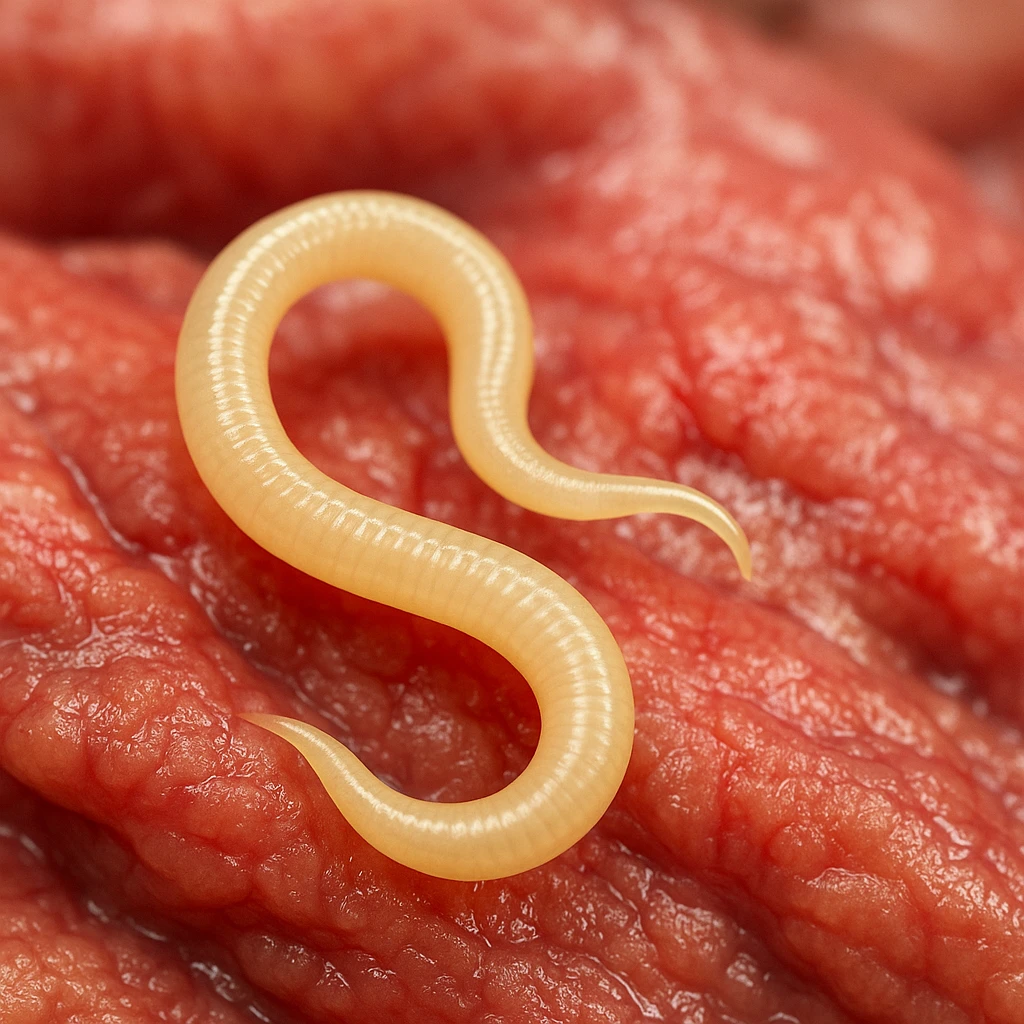 close up of intestinal parasite worm on pig intestinal tissue macro details blurred background 4K quality emoji