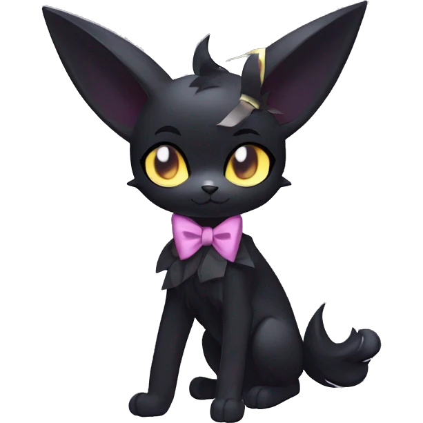 Shiny Dark Cool Edgy Black beautiful ethereal fantasy Kawaii Sona Umbreon-Noibat-Litten-Fakemon-cat-animal with edgy bat-ears bow tie black mane vtuber model Full Body emoji