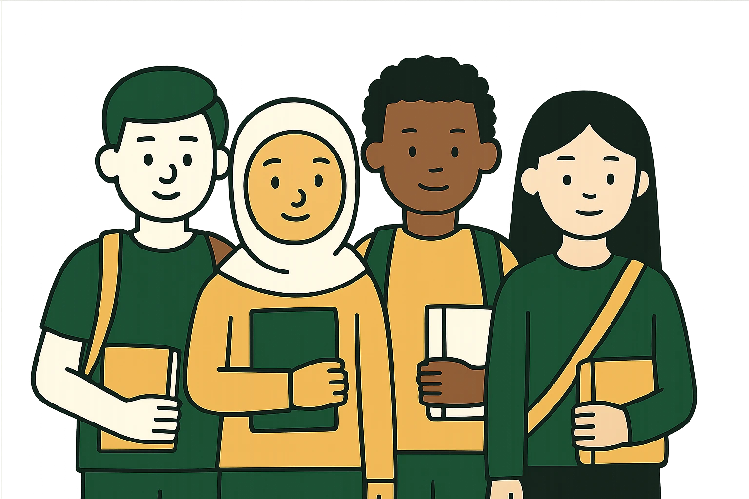 multicultural group of students, minimalistic, green gold and white color scheme, clean lines emoji