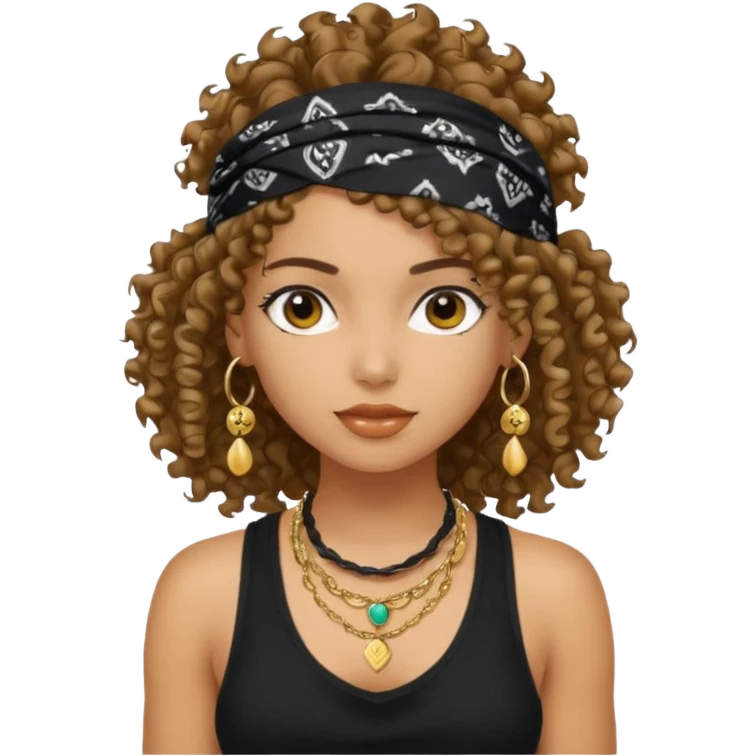 Baddie girl with black  tank top curly hairss and bandana and jwellery emoji