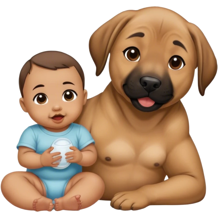 Black mouth cur sitting next to a baby with dimples and dark brown hair emoji