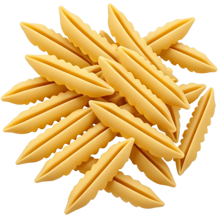 uncooked pasta, 3 to 5 pieces, penne, fusilli, or farfalle, pale yellow to golden beige, smooth matte texture, dry and clean, 3D clean style, optimized for emoji size emoji