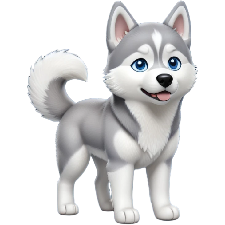 cinematic-[siberian husky]-realistic-full-body-standing-emoji,-tail-resting-loosely-beside-its-paws,blue eyes-head-tilted-dramatically, -fluffy-[grey and white]-fur,-simplified-yet-realistic-focused-features,-highly-detailed,-glowing-with-an-almost-sarcastic-glow emoji