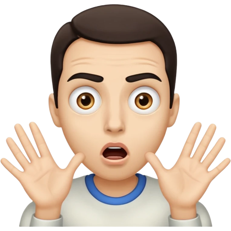 a shocked face, with their mouth and eyes are wide open, eyebrows  raised, and palms against his cheeks. emoji