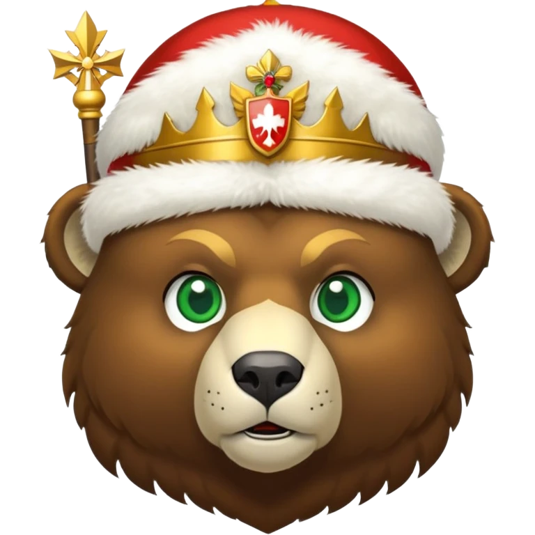 Brown bear head only with green eyes, white furry ushanka hat with accurate Russian Federation emblem featuring golden eagle, three crowns, scepter, orb, and red shield with St. George, iOS emoji style emoji