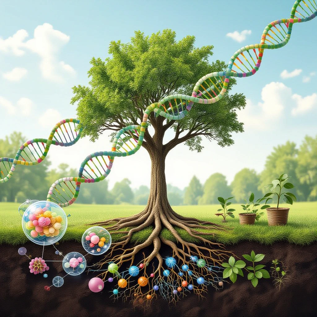 A realistic biological illustration (like in a school book) showing: DNA strands transitioning into a tree, cells with visible organelles, neurons connected to plant roots  and a balanced ecosystem background . Seamless integration, no labels or borders, white background, detailed but minimalist.  emoji