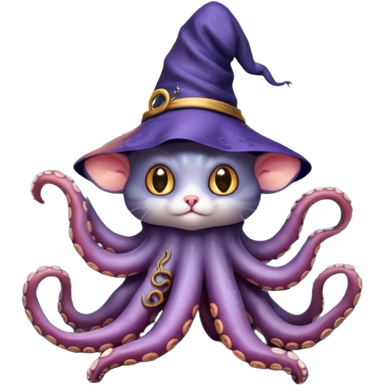 a cat that looks like a wizard that is half monster half octopus holding a rat looking super scary and mysterious with forest background nighttime sky emoji