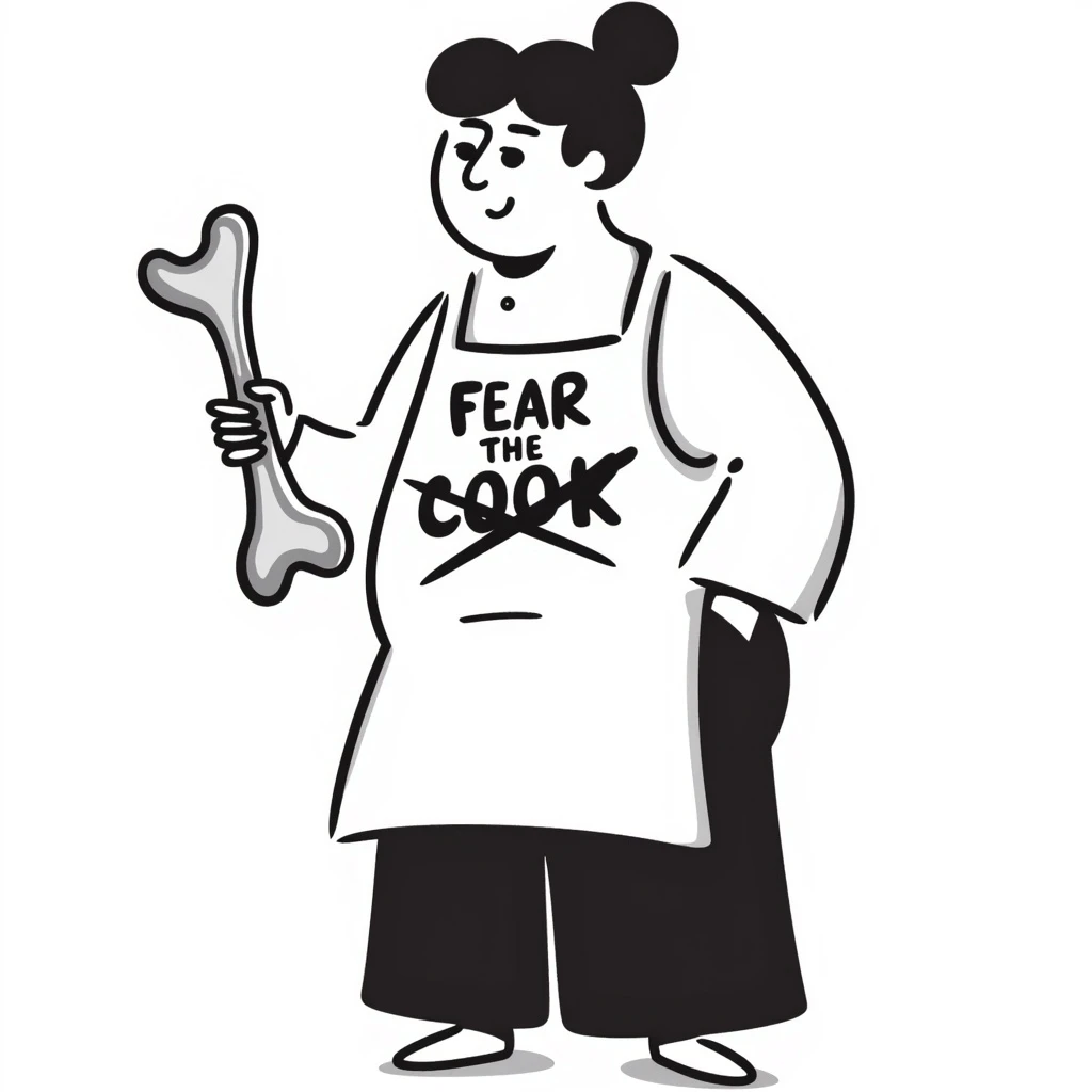 An apron with the text "Kiss the Cook" scratched out and replaced with "Fear the Cook", featuring a giant rib bone as a weapon emoji