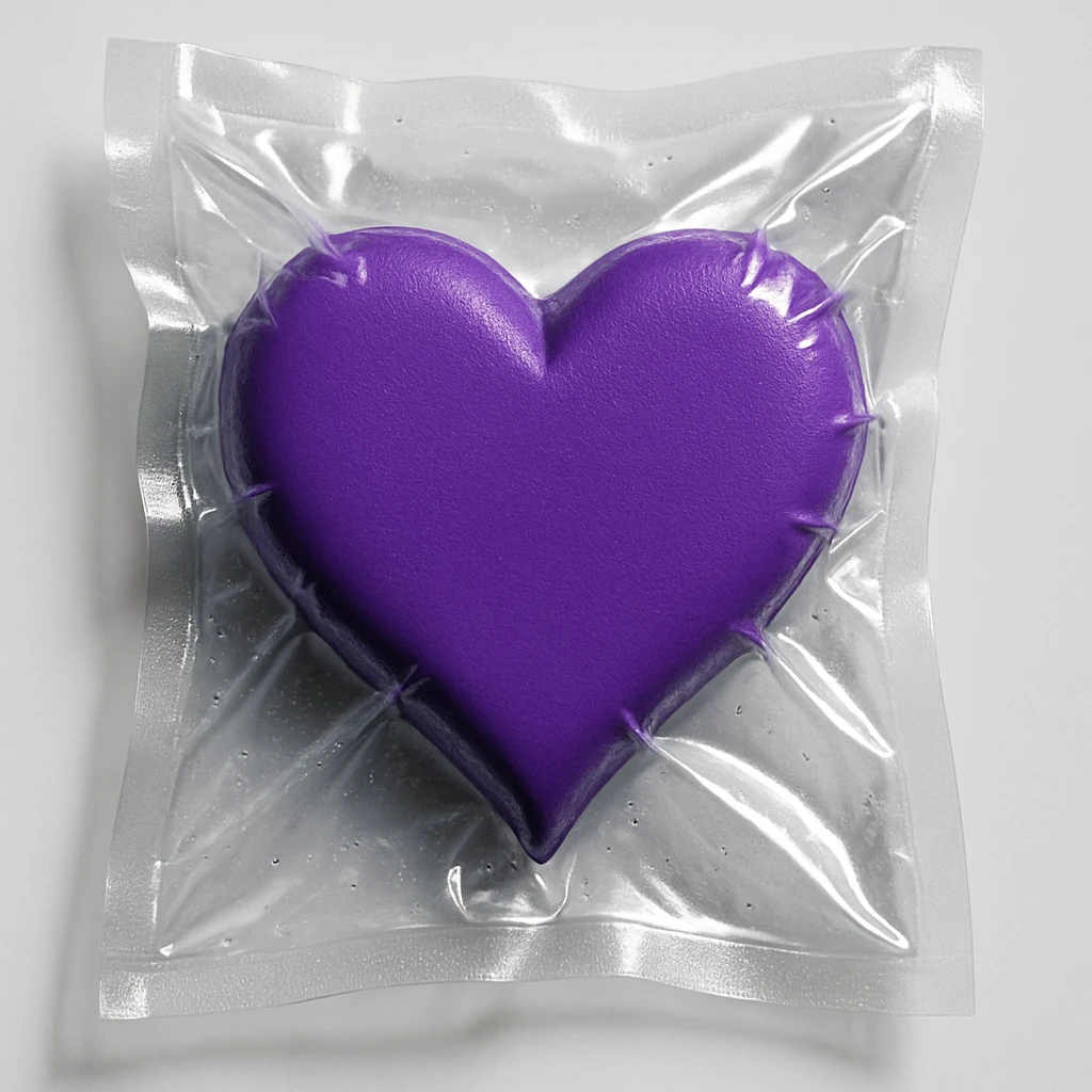 purple heart, vacuum sealed style, glossy, no text emoji