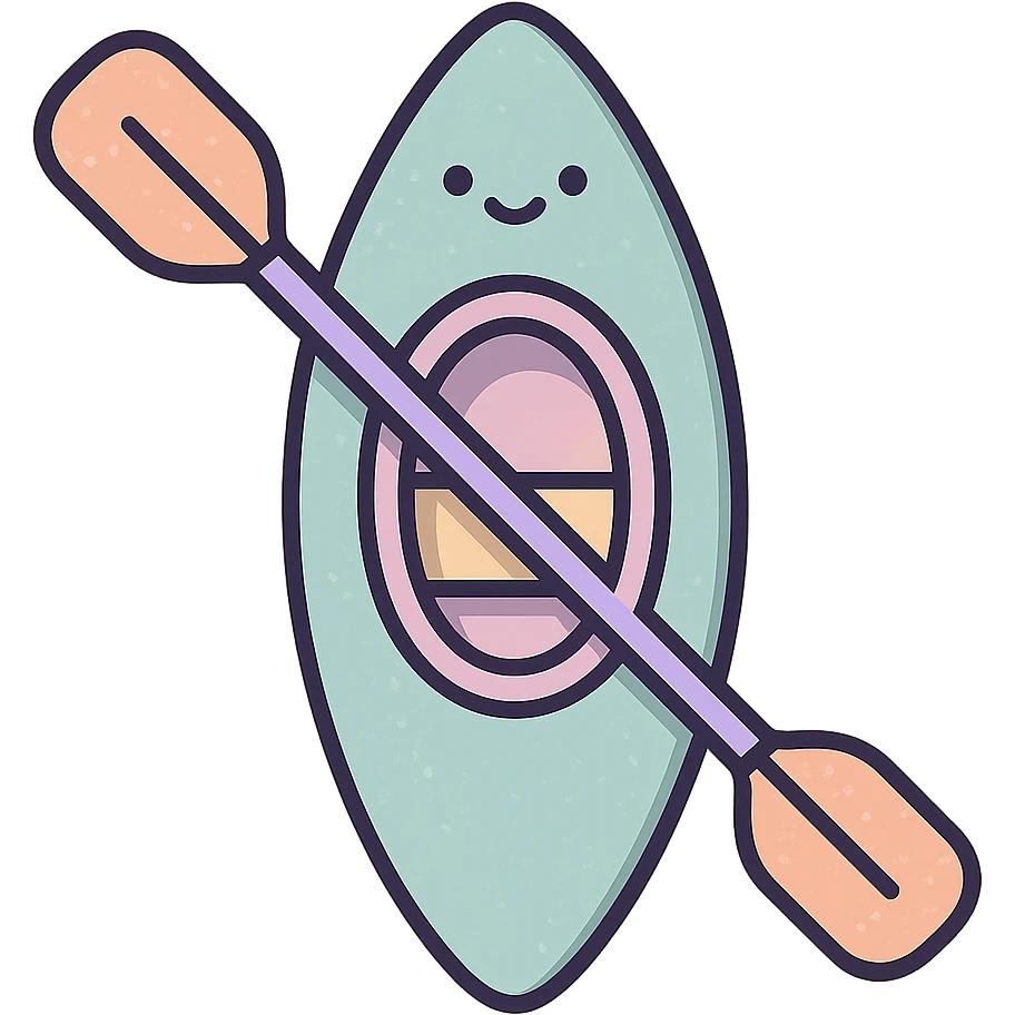 cute rowing kayak with paddle, top view, more emphasis on the paddle, detailed shading, thin clean outlines, soft rounded features, pastel palette #98B5BC #B5B3C1 #C9A3C9 #E4C0CA #F7DCD1 #F7C0AA, Japanese pop art, sticker look, highly detailed, vector clarity, soft lighting, subtle shadows, transparent background emoji