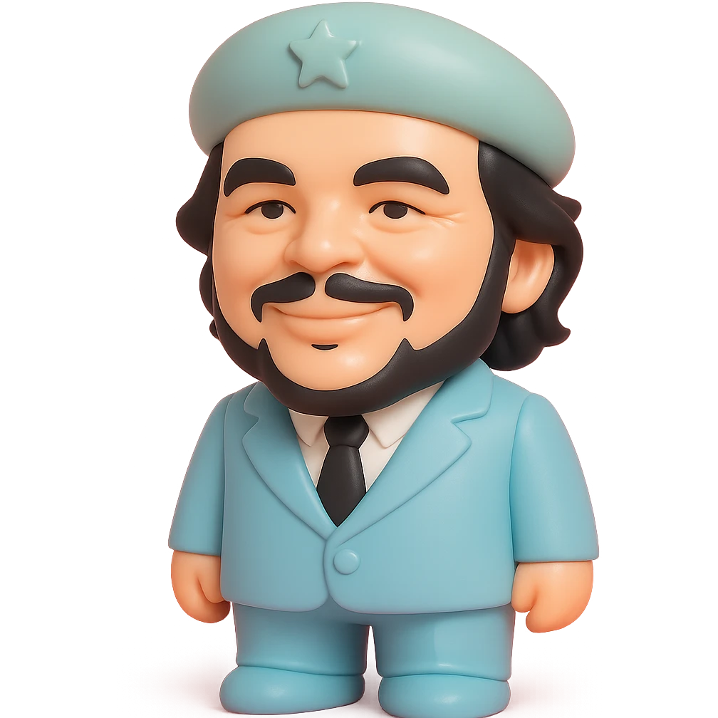 Che Guevara in a suit and tie, oversized head, confident smile, vinyl figure style emoji