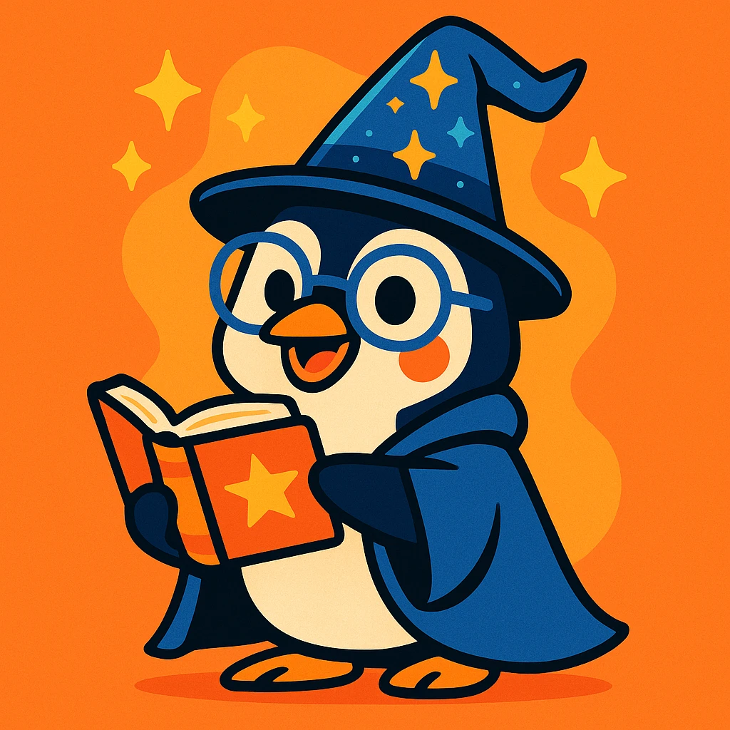playful penguin wizard with glasses, a spellbook, and a sparkling hat, fun and friendly style emoji