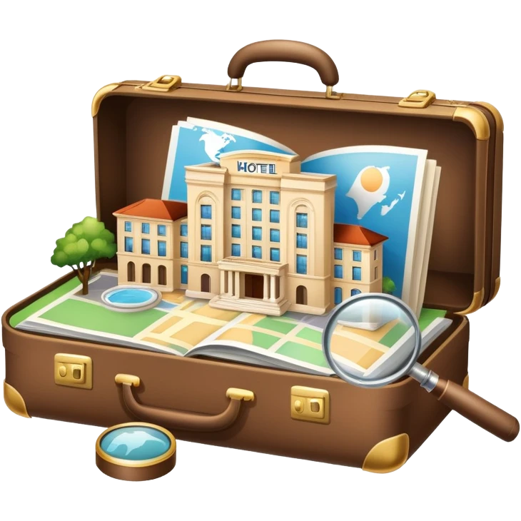 An icon featuring a suitcase, a hotel building, symbolizing the academic study of tourism and hospitality. The design includes a travel map and a magnifying glass, representing research into destinations and hospitality management. Transparent background emoji