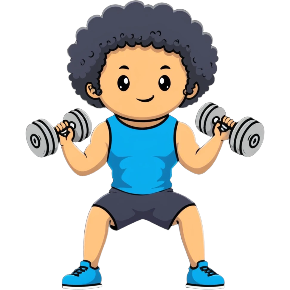 curly haired boy at gym with dumbbells emoji
