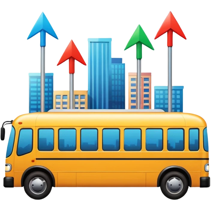 a bus with three colorful directional arrows pointing to city icons, Apple emoji style, vibrant colors emoji