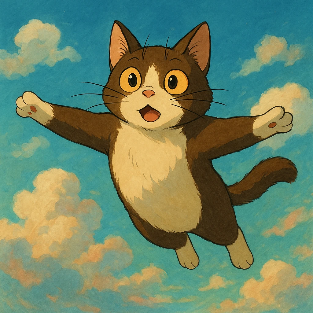 flying cat with expressive eyes in a dreamy sky background in ghibli style emoji
