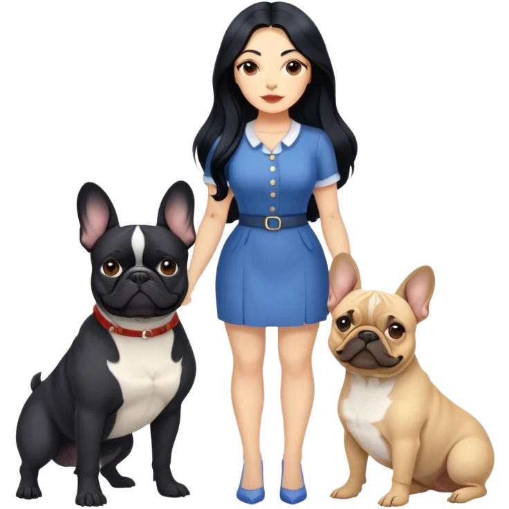 latin woman with long black hair standing alongside two French bulldogs  emoji