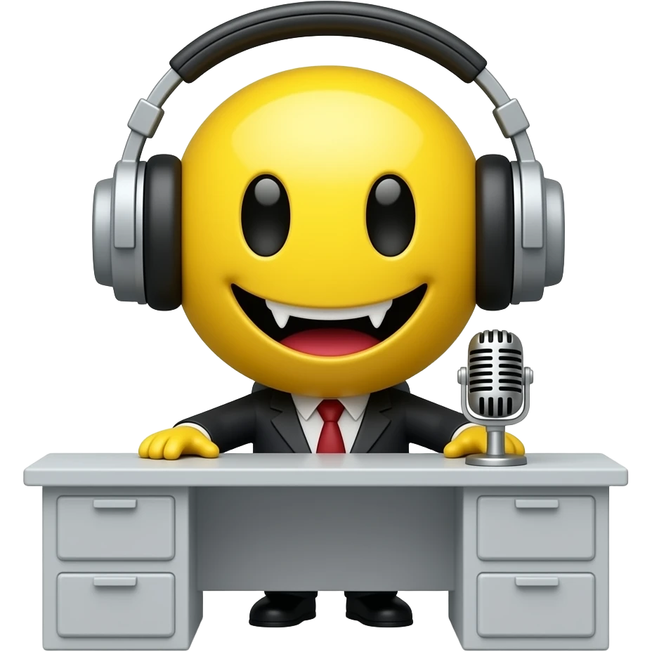 Vampire yellow smiley face with headphones and a standing desk microphone emoji