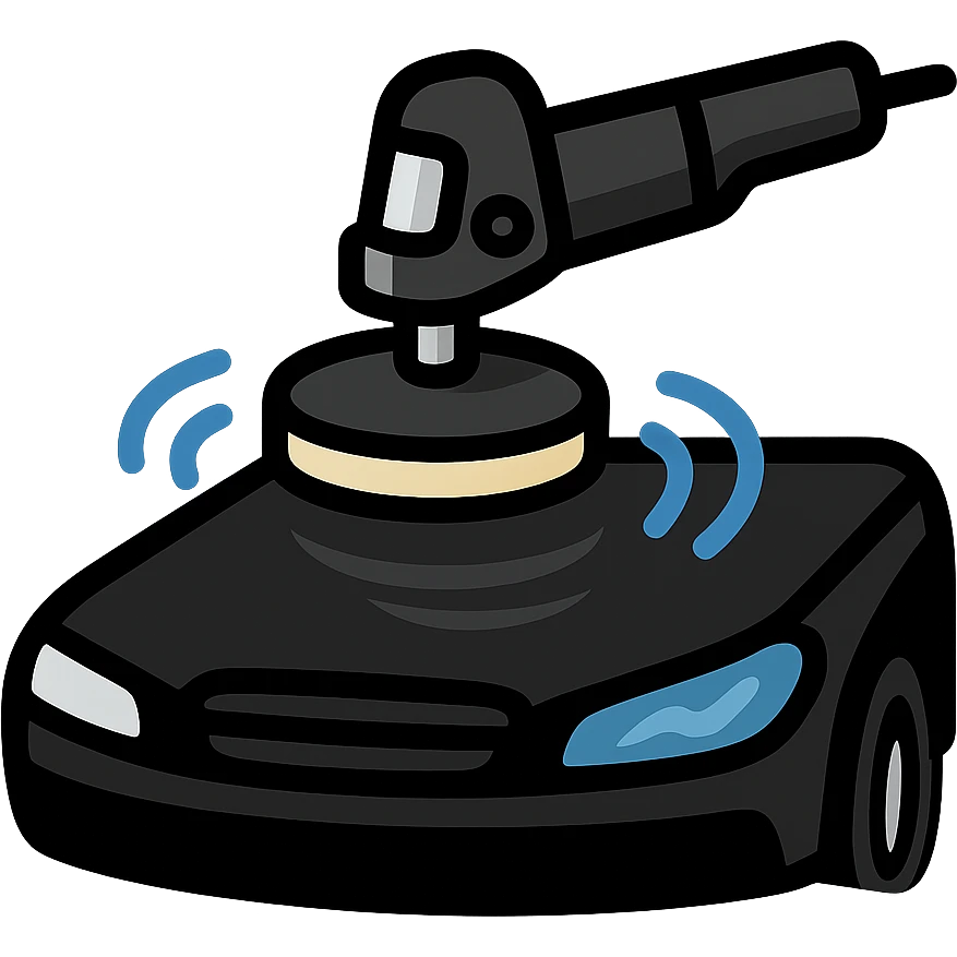 polishing machine icon on the surface of a glossy black car hood with reflection, main color black, metallic silver details, soft waves of shine around the polished area, modern and clean style, no text emoji