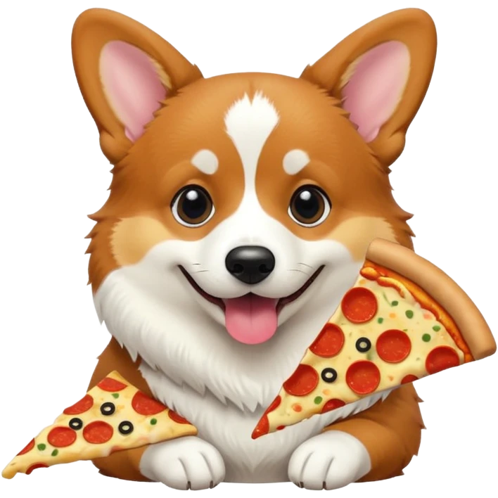 black tri-color corgi eating pizza emoji