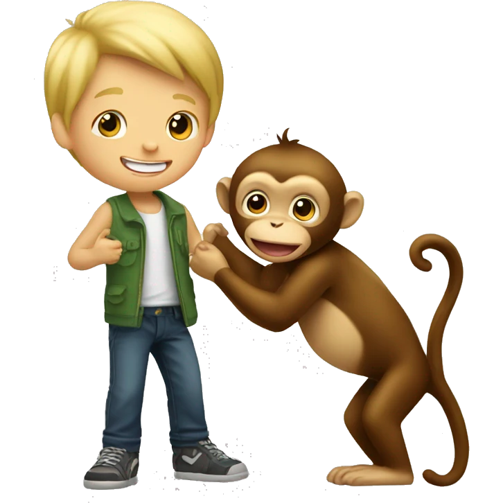 A blonde boy playing with a monkey emoji